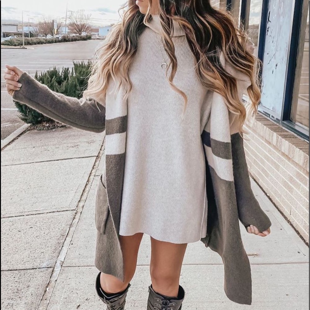 Lulus Grey and Taupe Striped Hooded Cardigan